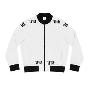 Walk Model Men's Classic Varsity Bomber Jacket – White Full-Zip Jacket with Black Rib Trim